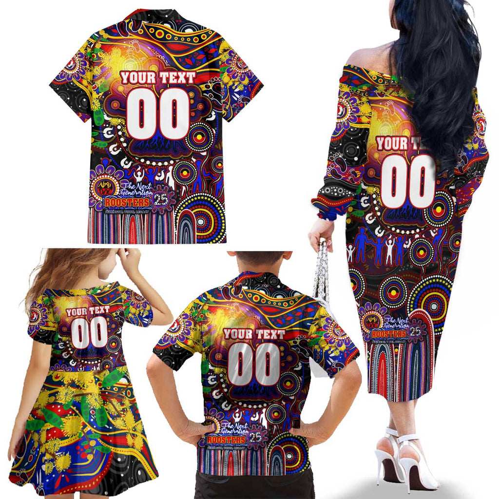 Personalised NAIDOC Week 2025 Roosters Football Family Matching Off The Shoulder Long Sleeve Dress and Hawaiian Shirt Aboriginal Dot Painting