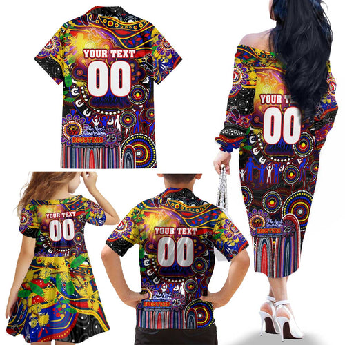 Personalised NAIDOC Week 2025 Roosters Football Family Matching Off The Shoulder Long Sleeve Dress and Hawaiian Shirt Aboriginal Dot Painting