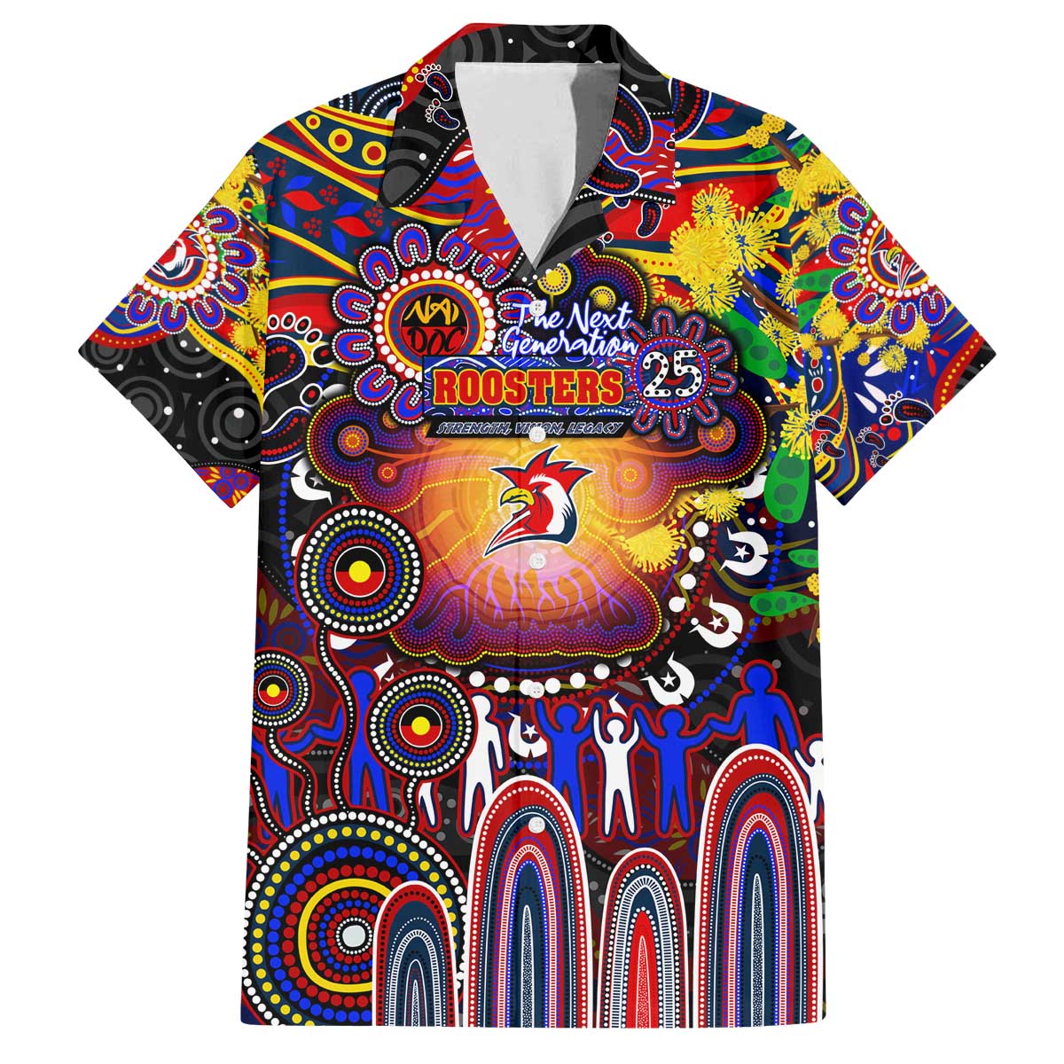 Personalised NAIDOC Week 2025 Roosters Football Family Matching Off The Shoulder Long Sleeve Dress and Hawaiian Shirt Aboriginal Dot Painting