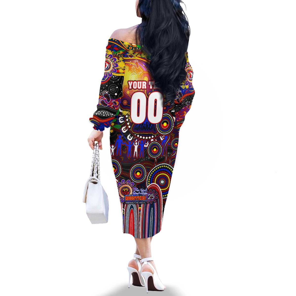 Personalised NAIDOC Week 2025 Roosters Football Family Matching Off The Shoulder Long Sleeve Dress and Hawaiian Shirt Aboriginal Dot Painting