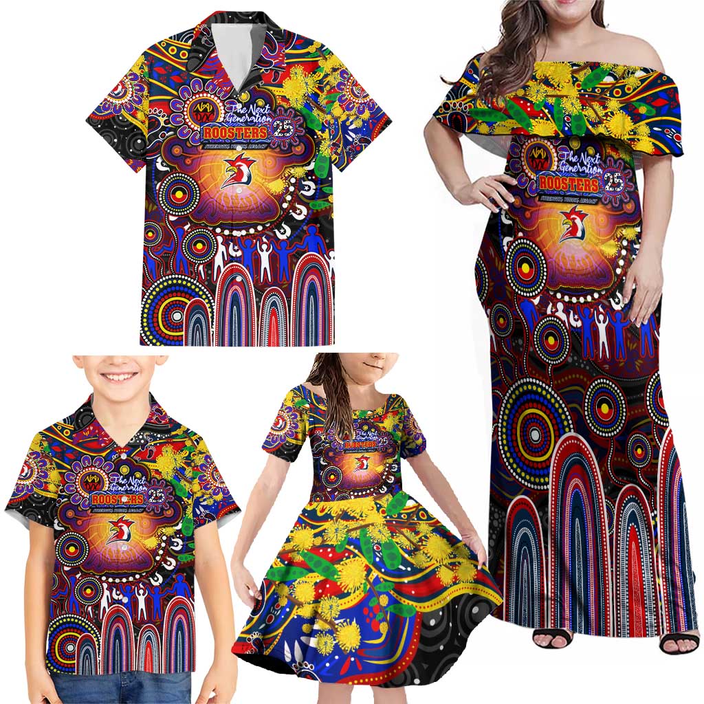 Personalised NAIDOC Week 2025 Roosters Football Family Matching Off Shoulder Maxi Dress and Hawaiian Shirt Aboriginal Dot Painting