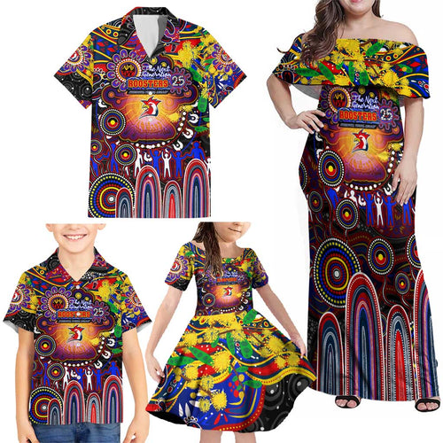 Personalised NAIDOC Week 2025 Roosters Football Family Matching Off Shoulder Maxi Dress and Hawaiian Shirt Aboriginal Dot Painting