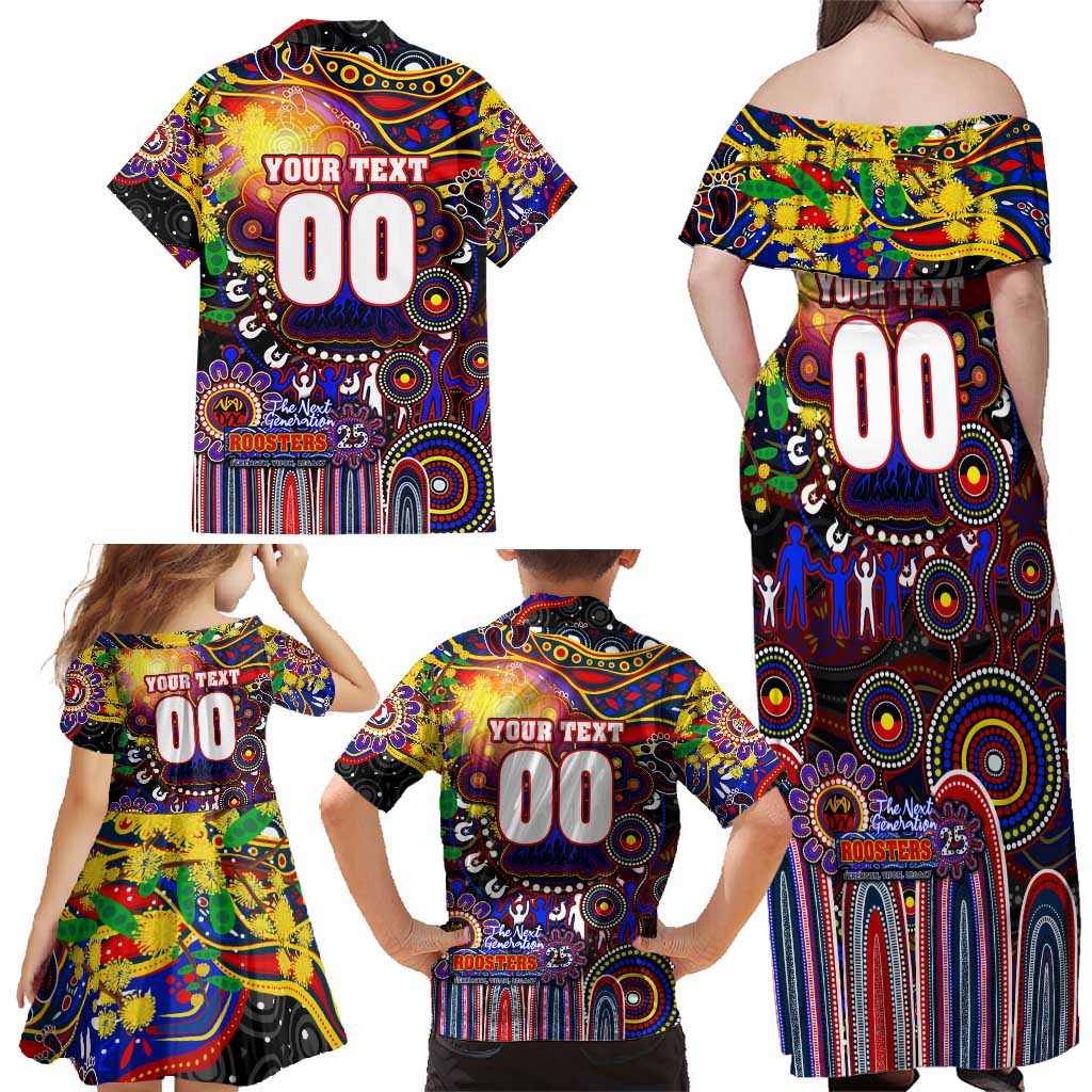 Personalised NAIDOC Week 2025 Roosters Football Family Matching Off Shoulder Maxi Dress and Hawaiian Shirt Aboriginal Dot Painting