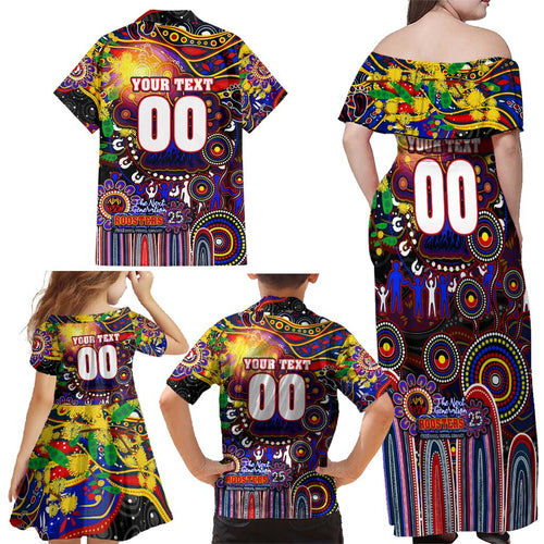 Personalised NAIDOC Week 2025 Roosters Football Family Matching Off Shoulder Maxi Dress and Hawaiian Shirt Aboriginal Dot Painting