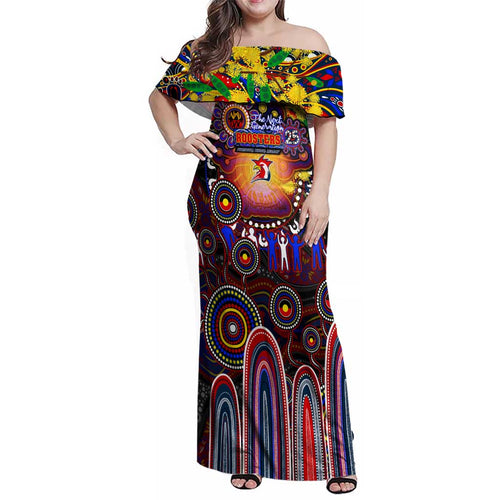 Personalised NAIDOC Week 2025 Roosters Football Family Matching Off Shoulder Maxi Dress and Hawaiian Shirt Aboriginal Dot Painting