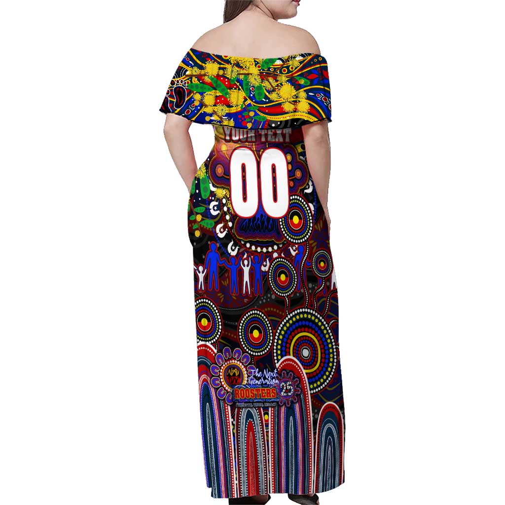 Personalised NAIDOC Week 2025 Roosters Football Family Matching Off Shoulder Maxi Dress and Hawaiian Shirt Aboriginal Dot Painting