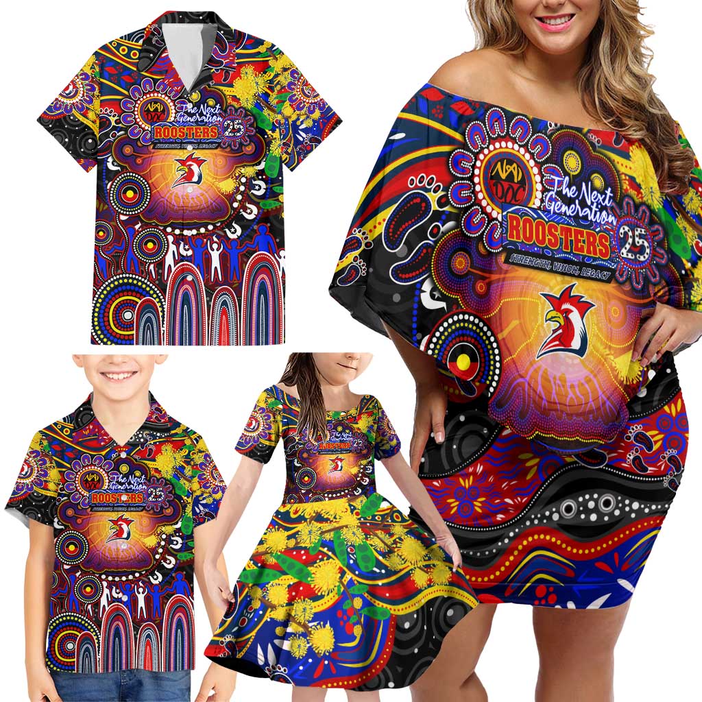Personalised NAIDOC Week 2025 Roosters Football Family Matching Off Shoulder Short Dress and Hawaiian Shirt Aboriginal Dot Painting