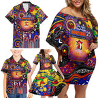 Personalised NAIDOC Week 2025 Roosters Football Family Matching Off Shoulder Short Dress and Hawaiian Shirt Aboriginal Dot Painting