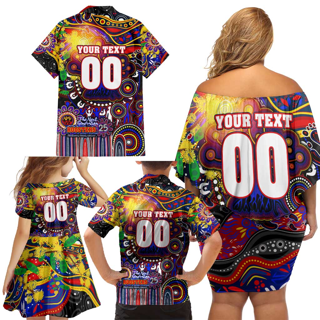 Personalised NAIDOC Week 2025 Roosters Football Family Matching Off Shoulder Short Dress and Hawaiian Shirt Aboriginal Dot Painting