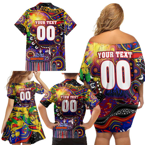 Personalised NAIDOC Week 2025 Roosters Football Family Matching Off Shoulder Short Dress and Hawaiian Shirt Aboriginal Dot Painting