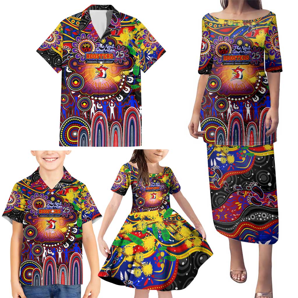 Personalised NAIDOC Week 2025 Roosters Football Family Matching Puletasi and Hawaiian Shirt Aboriginal Dot Painting