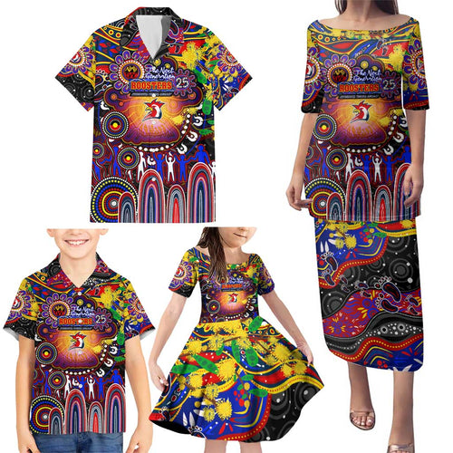 Personalised NAIDOC Week 2025 Roosters Football Family Matching Puletasi and Hawaiian Shirt Aboriginal Dot Painting