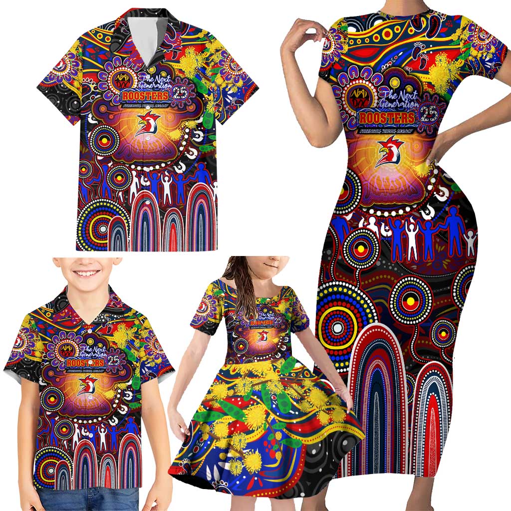 Personalised NAIDOC Week 2025 Roosters Football Family Matching Short Sleeve Bodycon Dress and Hawaiian Shirt Aboriginal Dot Painting
