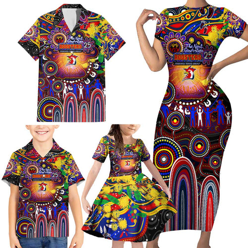 Personalised NAIDOC Week 2025 Roosters Football Family Matching Short Sleeve Bodycon Dress and Hawaiian Shirt Aboriginal Dot Painting