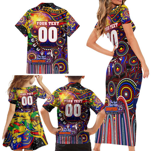Personalised NAIDOC Week 2025 Roosters Football Family Matching Short Sleeve Bodycon Dress and Hawaiian Shirt Aboriginal Dot Painting
