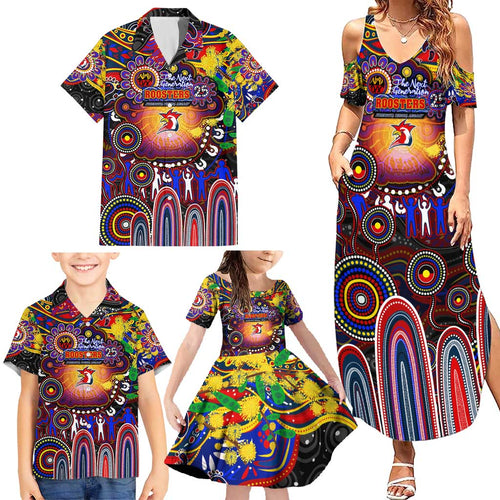 Personalised NAIDOC Week 2025 Roosters Football Family Matching Summer Maxi Dress and Hawaiian Shirt Aboriginal Dot Painting