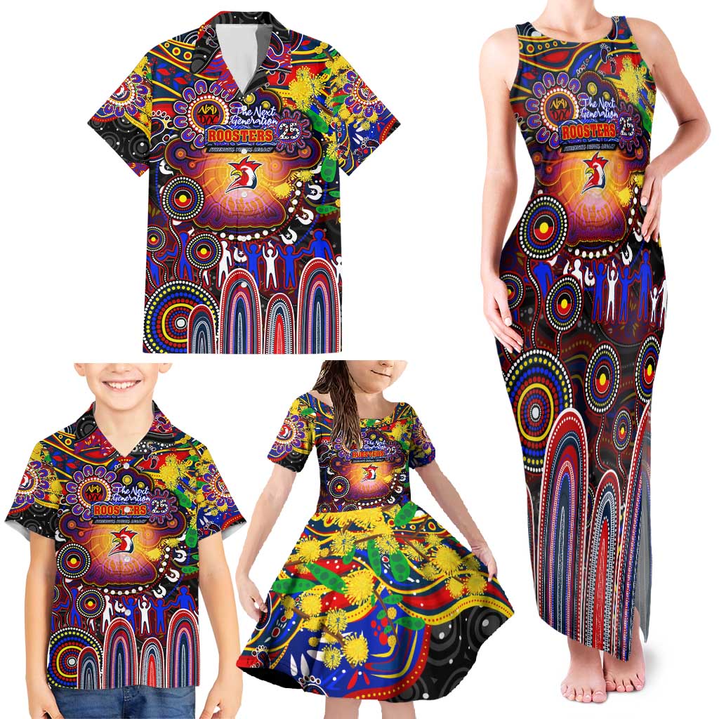 Personalised NAIDOC Week 2025 Roosters Football Family Matching Tank Maxi Dress and Hawaiian Shirt Aboriginal Dot Painting