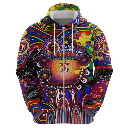 Personalised NAIDOC Week 2025 Roosters Football Hoodie Aboriginal Dot Painting
