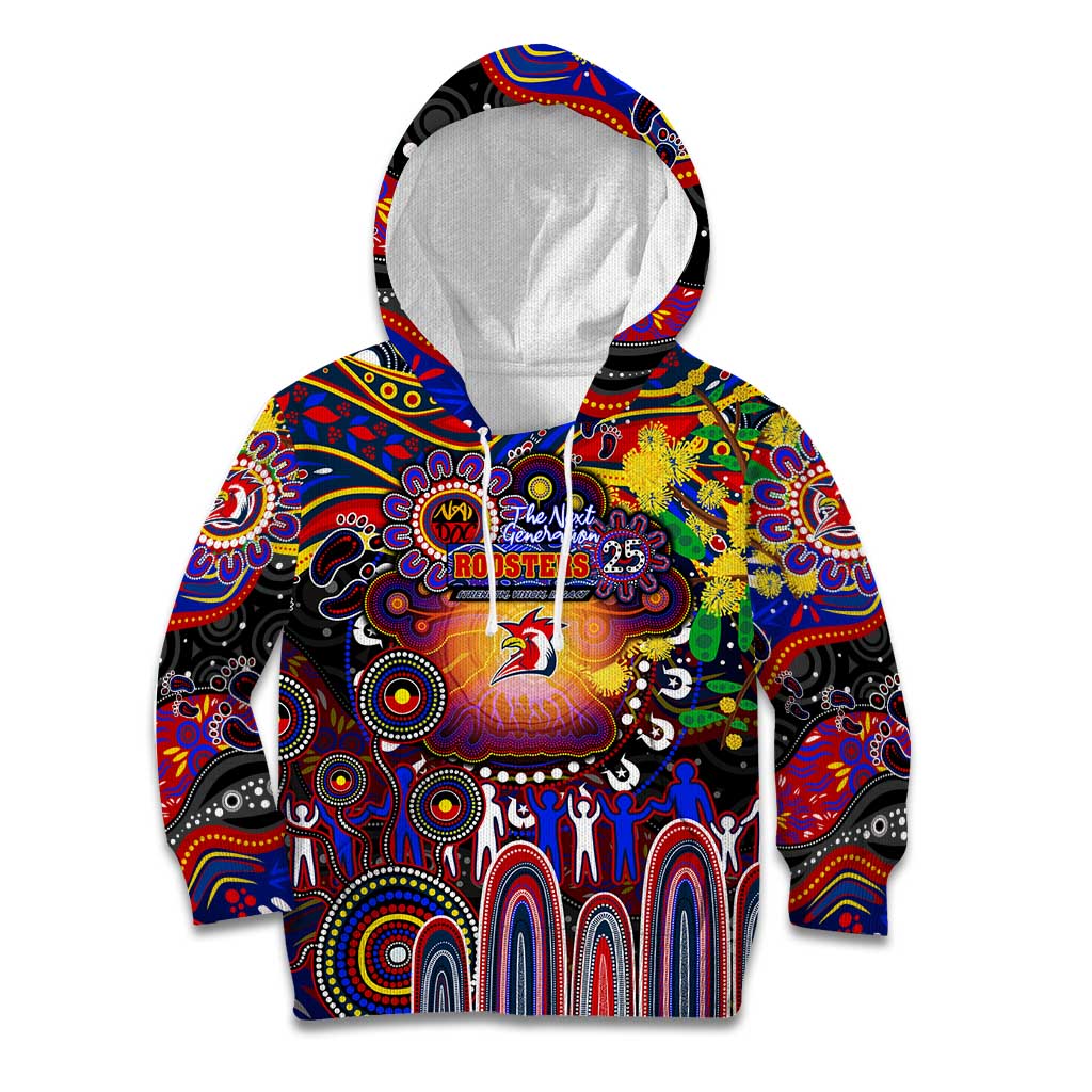 Personalised NAIDOC Week 2025 Roosters Football Kid Hoodie Aboriginal Dot Painting