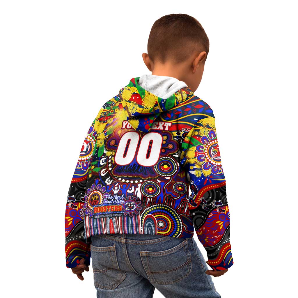 Personalised NAIDOC Week 2025 Roosters Football Kid Hoodie Aboriginal Dot Painting