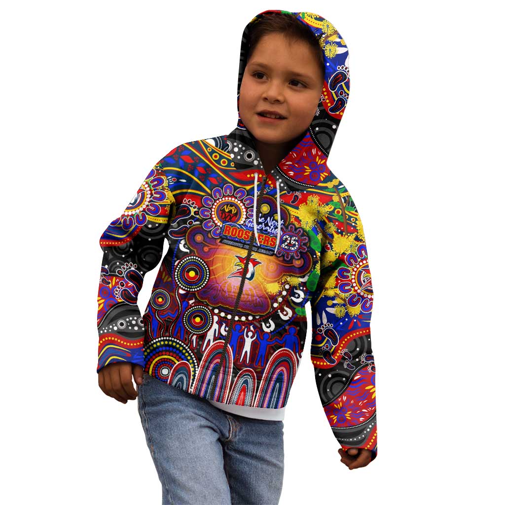 Personalised NAIDOC Week 2025 Roosters Football Kid Hoodie Aboriginal Dot Painting
