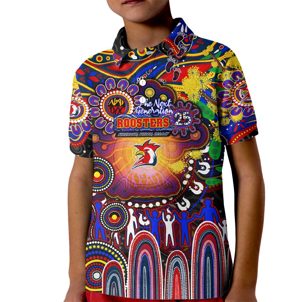 Personalised NAIDOC Week 2025 Roosters Football Kid Polo Shirt Aboriginal Dot Painting