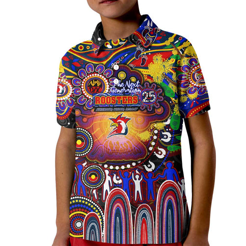 Personalised NAIDOC Week 2025 Roosters Football Kid Polo Shirt Aboriginal Dot Painting