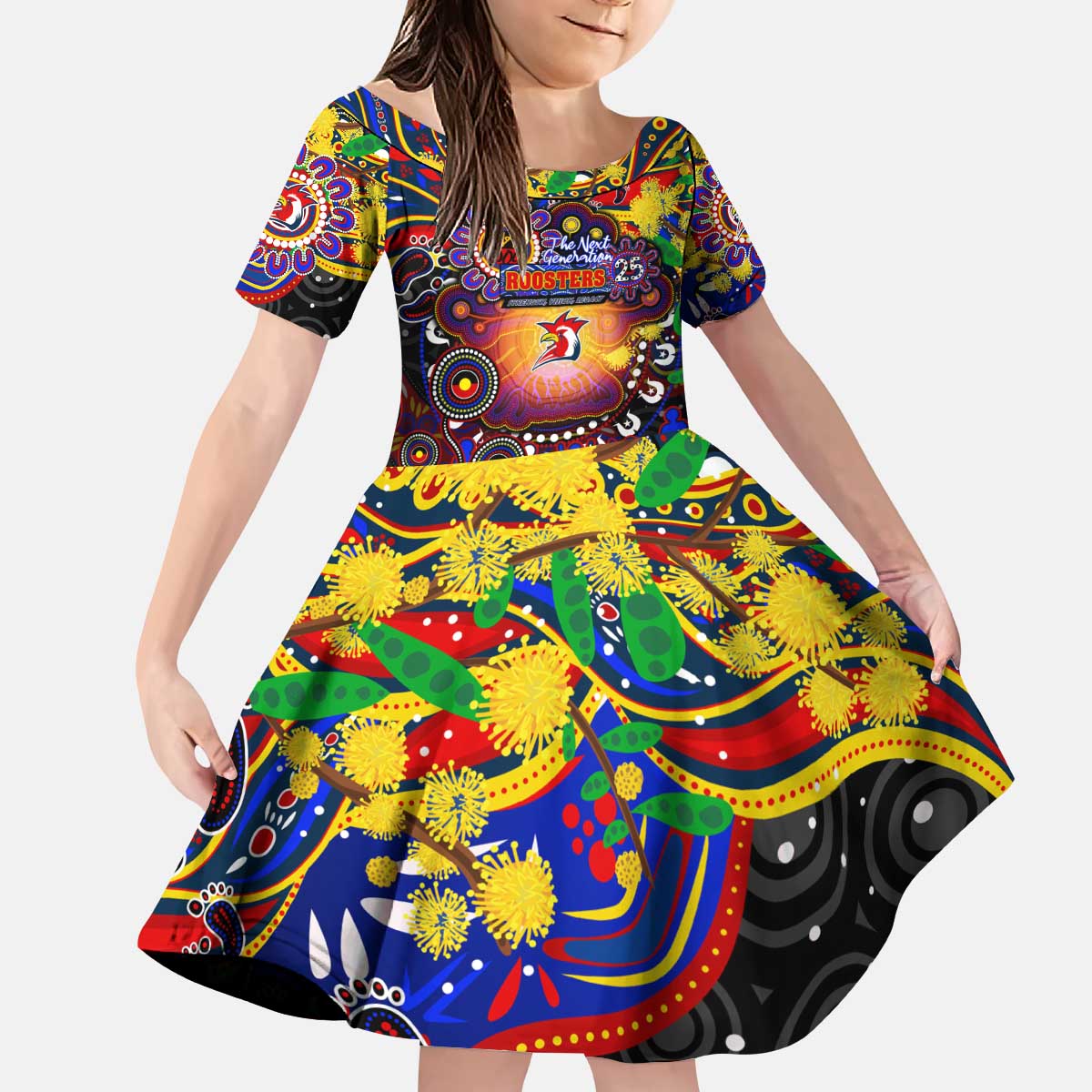 Personalised NAIDOC Week 2025 Roosters Football Kid Short Sleeve Dress Aboriginal Dot Painting