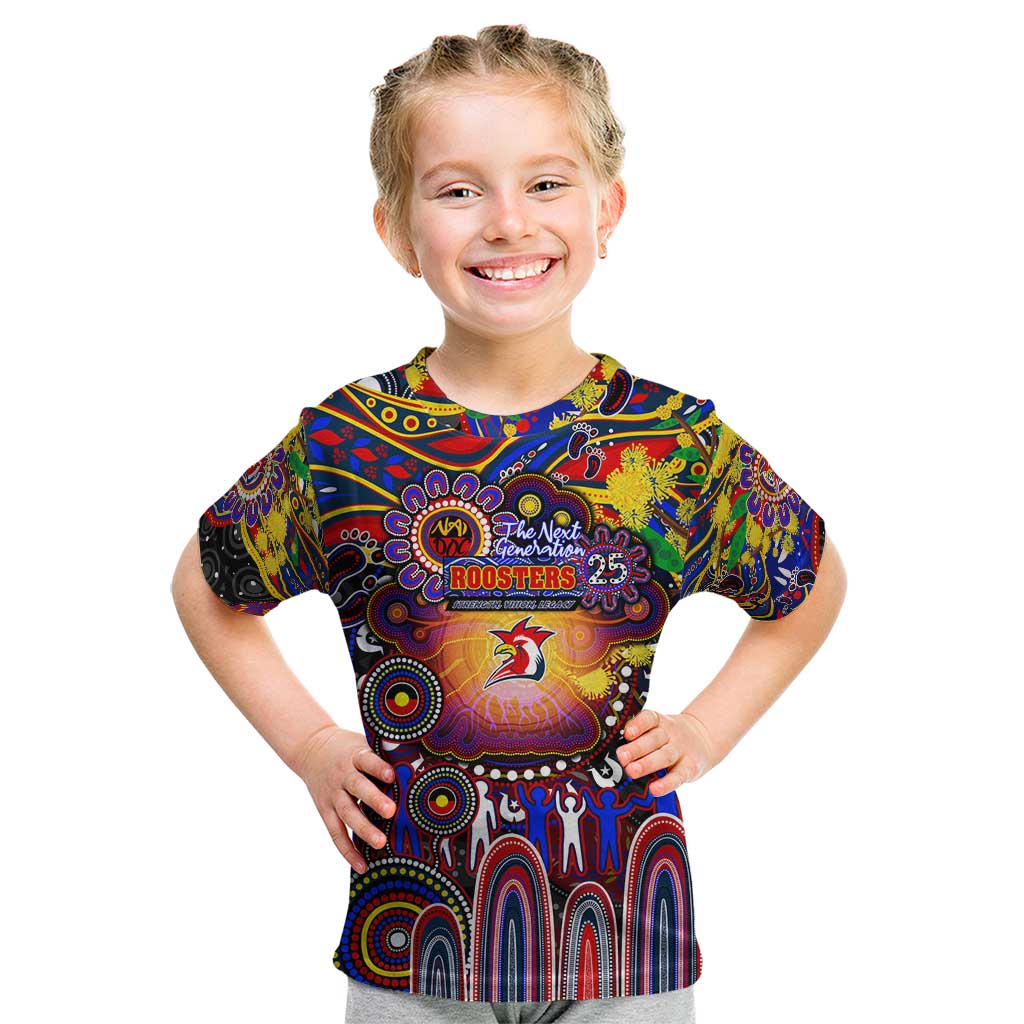 Personalised NAIDOC Week 2025 Roosters Football Kid T Shirt Aboriginal Dot Painting