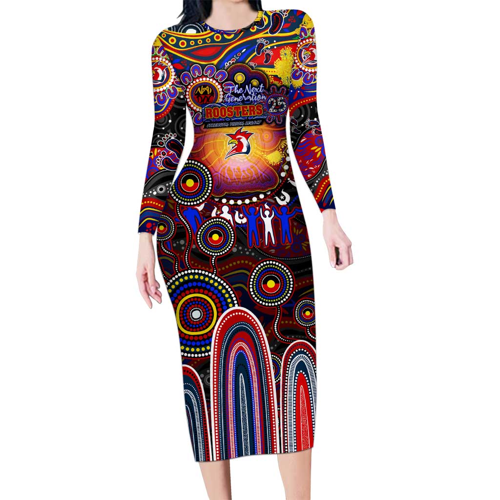 Personalised NAIDOC Week 2025 Roosters Football Long Sleeve Bodycon Dress Aboriginal Dot Painting