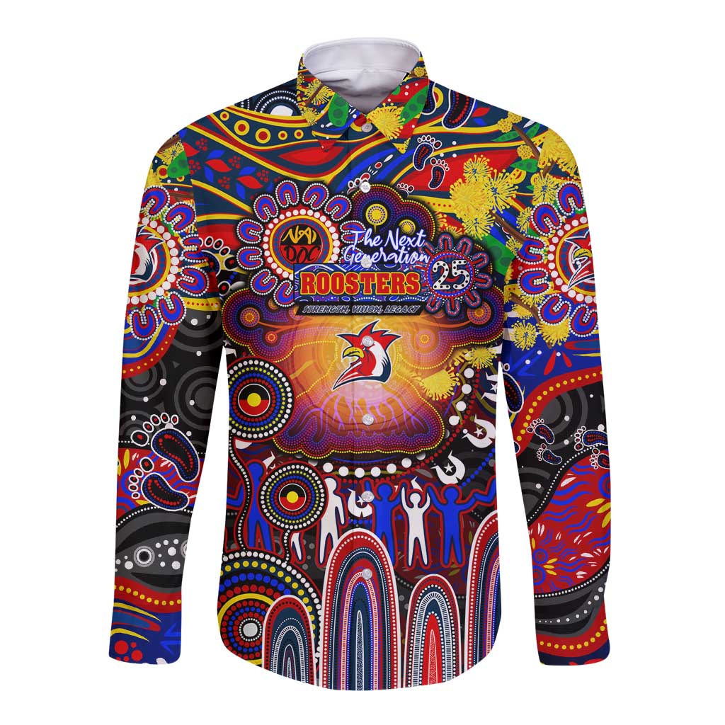 Personalised NAIDOC Week 2025 Roosters Football Long Sleeve Button Shirt Aboriginal Dot Painting