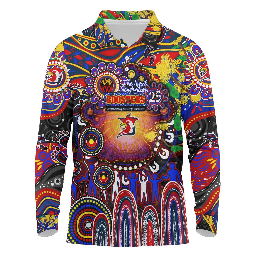 Personalised NAIDOC Week 2025 Roosters Football Long Sleeve Polo Shirt Aboriginal Dot Painting