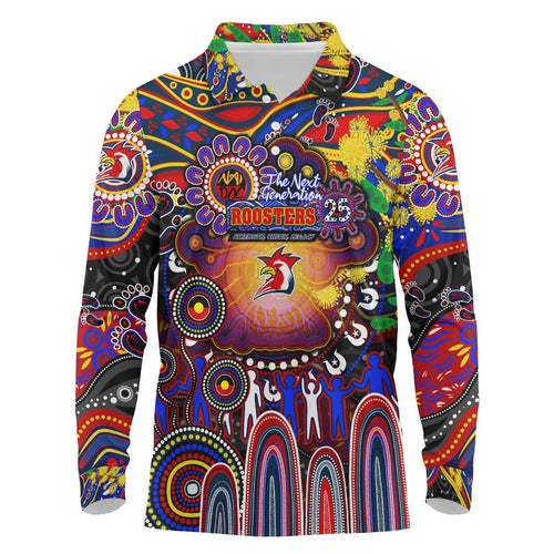 Personalised NAIDOC Week 2025 Roosters Football Long Sleeve Polo Shirt Aboriginal Dot Painting