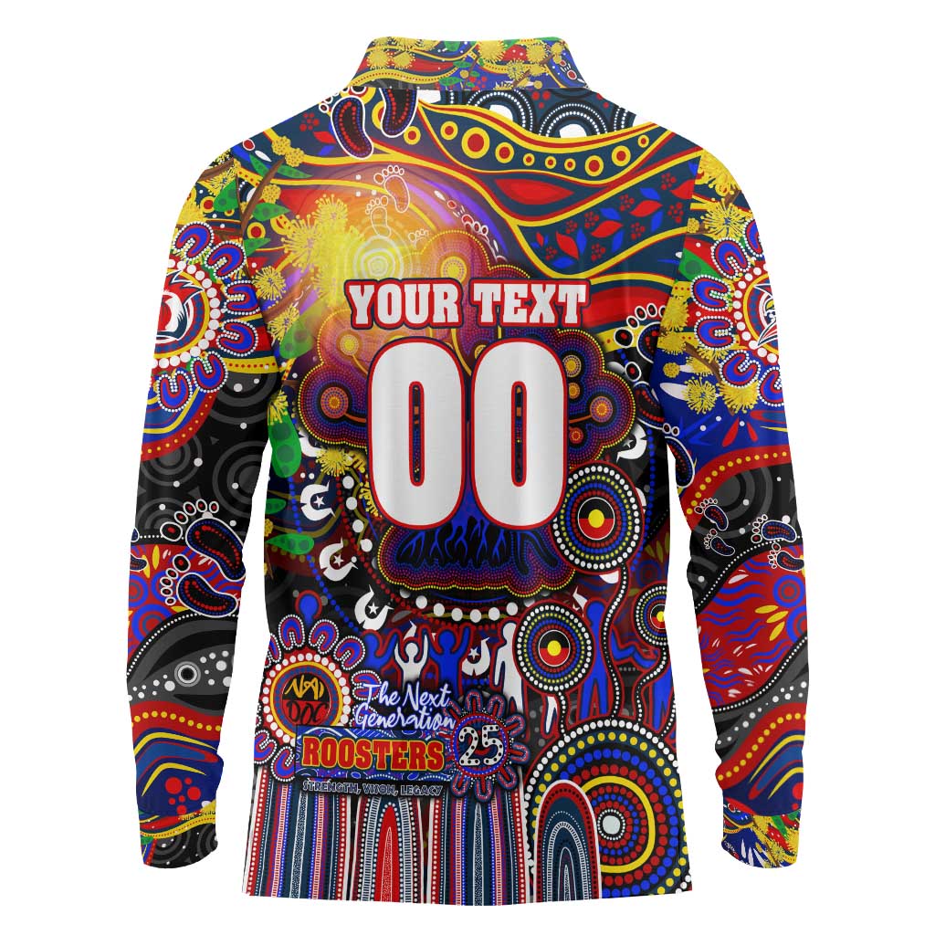 Personalised NAIDOC Week 2025 Roosters Football Long Sleeve Polo Shirt Aboriginal Dot Painting