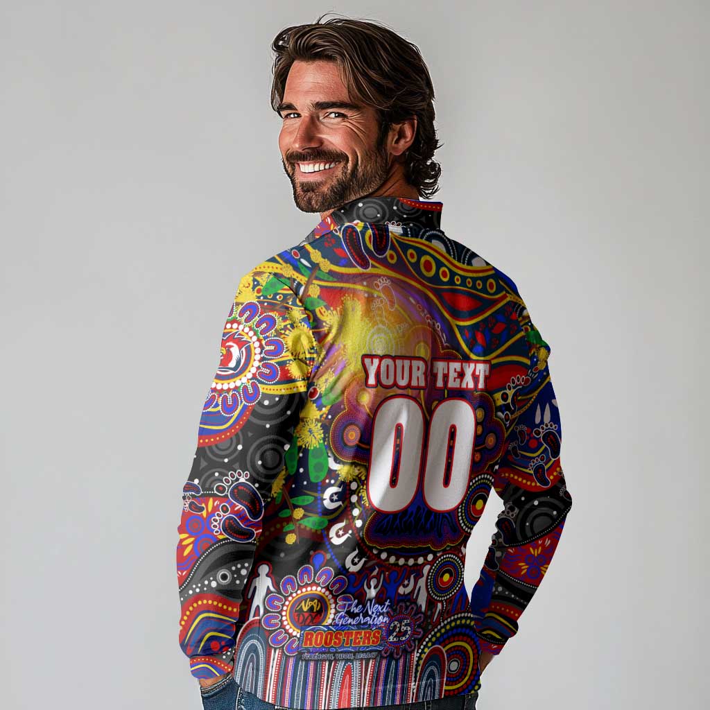 Personalised NAIDOC Week 2025 Roosters Football Long Sleeve Polo Shirt Aboriginal Dot Painting