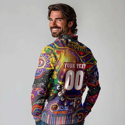 Personalised NAIDOC Week 2025 Roosters Football Long Sleeve Polo Shirt Aboriginal Dot Painting