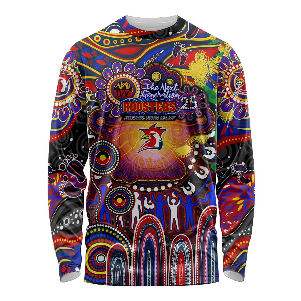 Personalised NAIDOC Week 2025 Roosters Football Long Sleeve Shirt Aboriginal Dot Painting