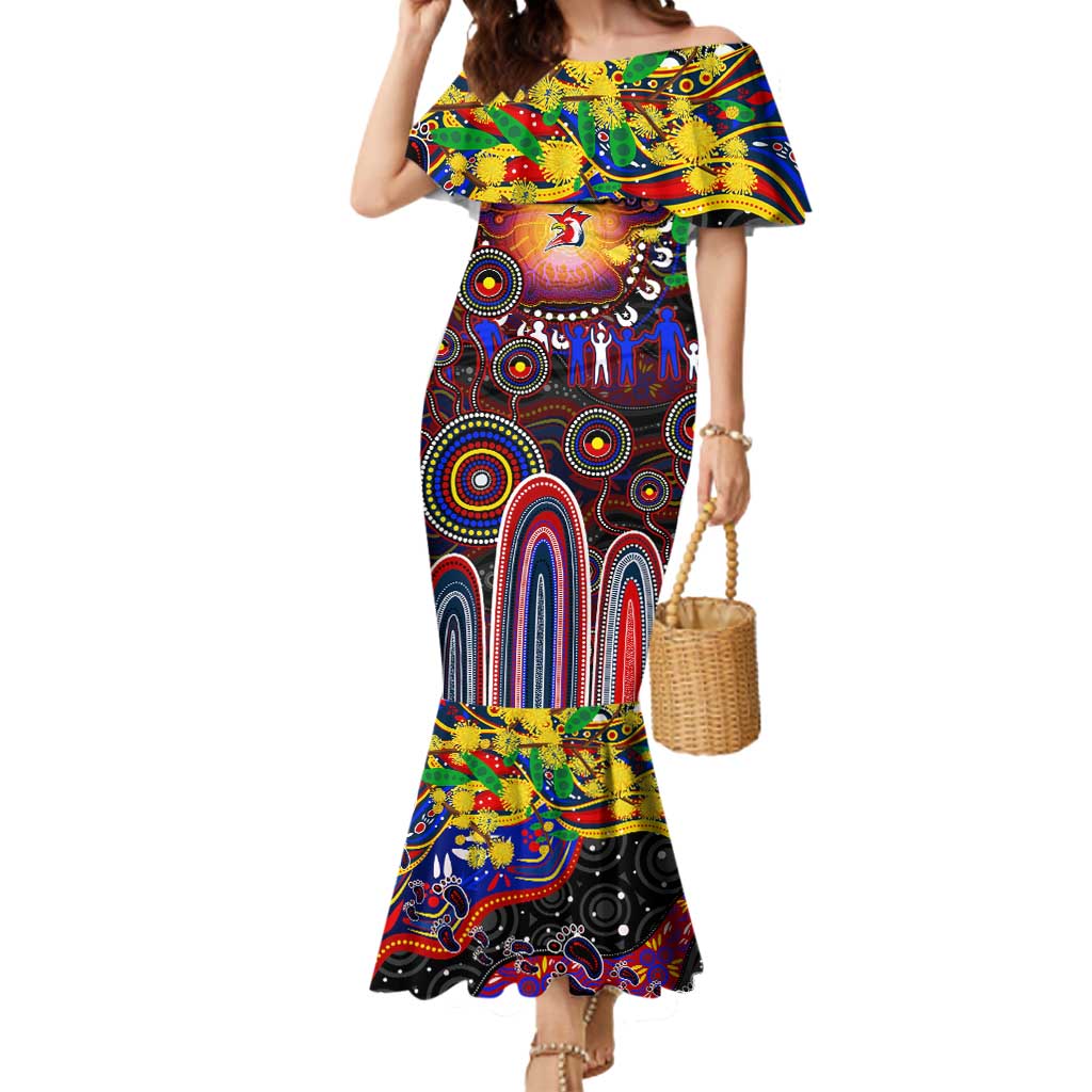 Personalised NAIDOC Week 2025 Roosters Football Mermaid Dress Aboriginal Dot Painting