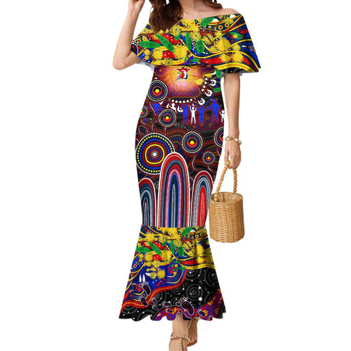 Personalised NAIDOC Week 2025 Roosters Football Mermaid Dress Aboriginal Dot Painting