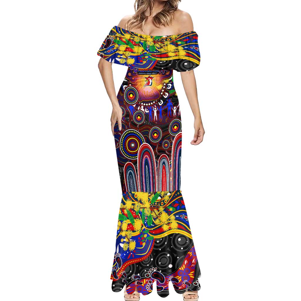 Personalised NAIDOC Week 2025 Roosters Football Mermaid Dress Aboriginal Dot Painting