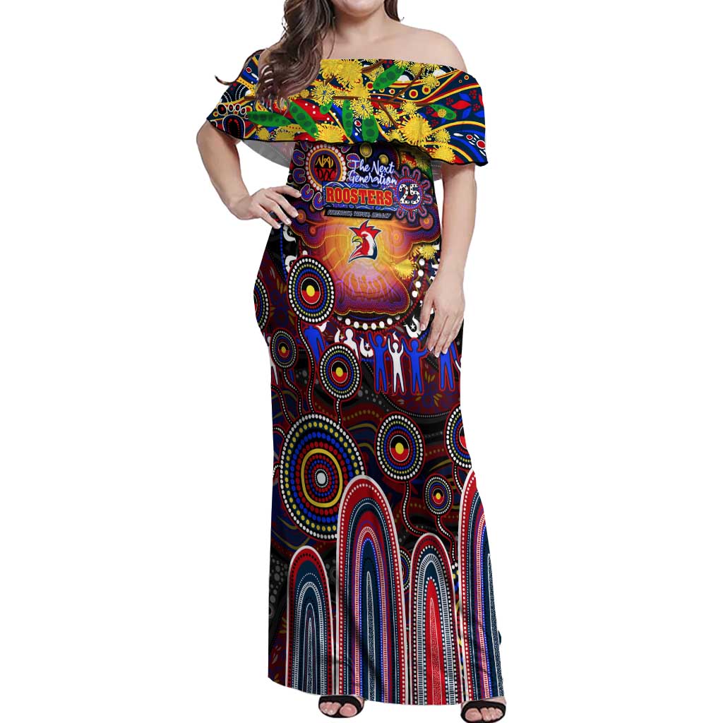 Personalised NAIDOC Week 2025 Roosters Football Off Shoulder Maxi Dress Aboriginal Dot Painting