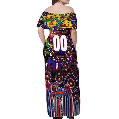 Personalised NAIDOC Week 2025 Roosters Football Off Shoulder Maxi Dress Aboriginal Dot Painting