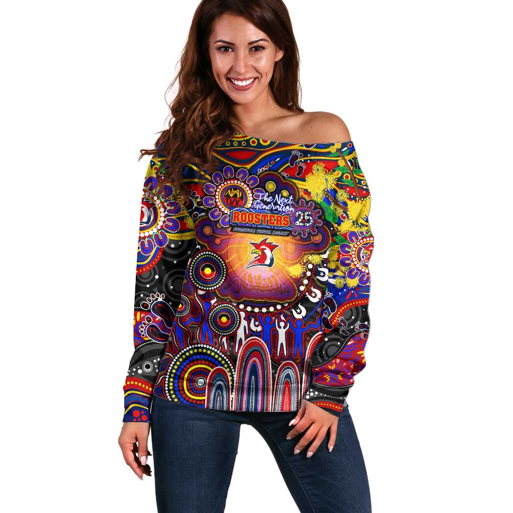 Personalised NAIDOC Week 2025 Roosters Football Off Shoulder Sweater Aboriginal Dot Painting