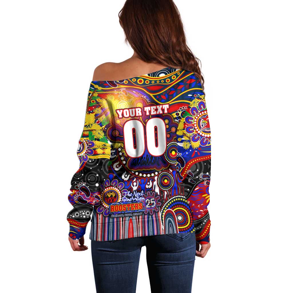 Personalised NAIDOC Week 2025 Roosters Football Off Shoulder Sweater Aboriginal Dot Painting