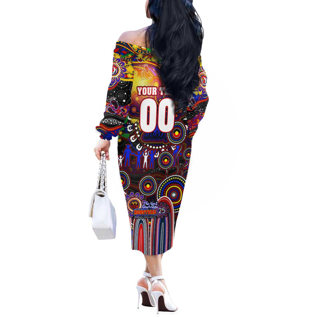 Personalised NAIDOC Week 2025 Roosters Football Off The Shoulder Long Sleeve Dress Aboriginal Dot Painting