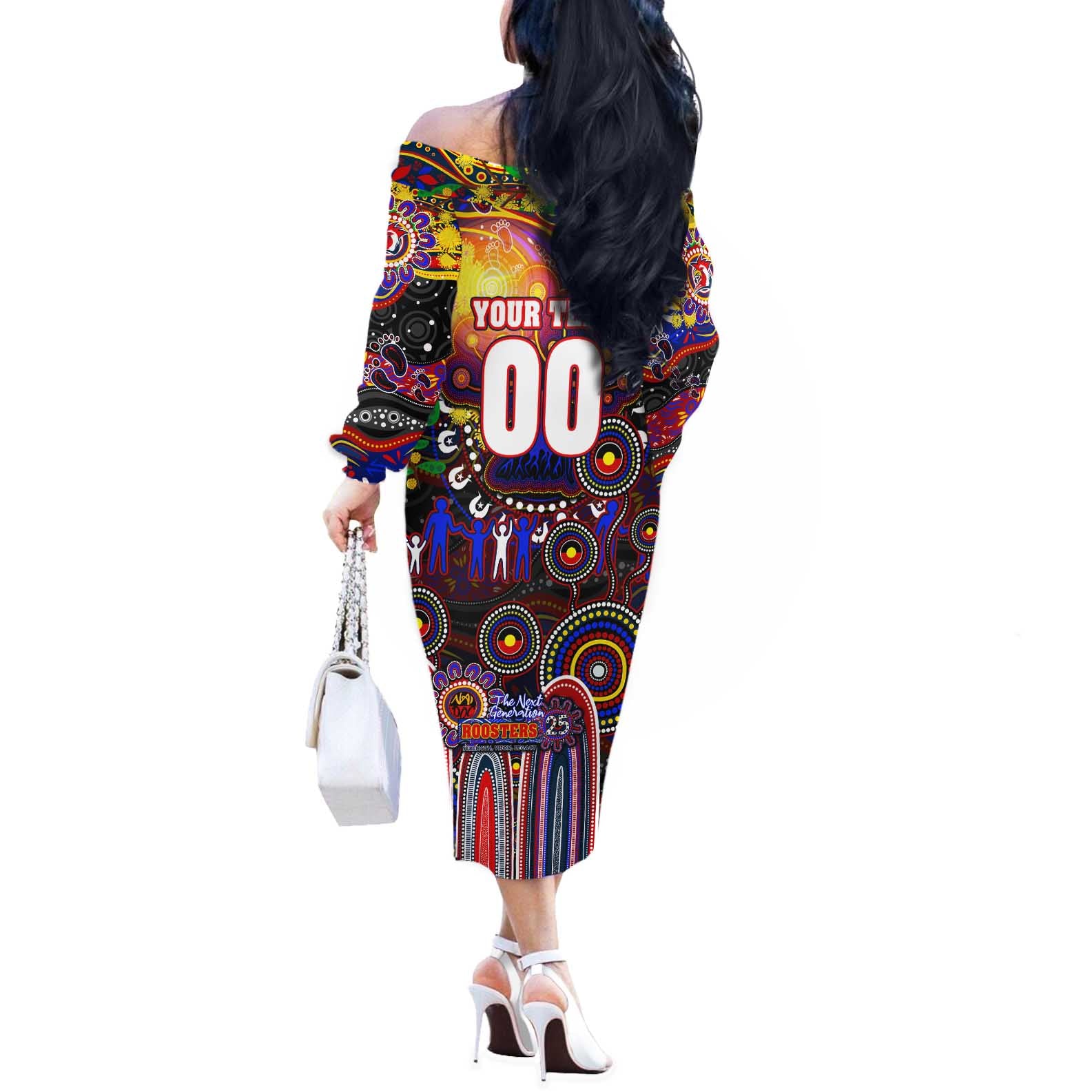 Personalised NAIDOC Week 2025 Roosters Football Off The Shoulder Long Sleeve Dress Aboriginal Dot Painting