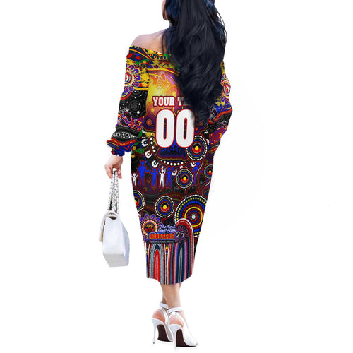 Personalised NAIDOC Week 2025 Roosters Football Off The Shoulder Long Sleeve Dress Aboriginal Dot Painting