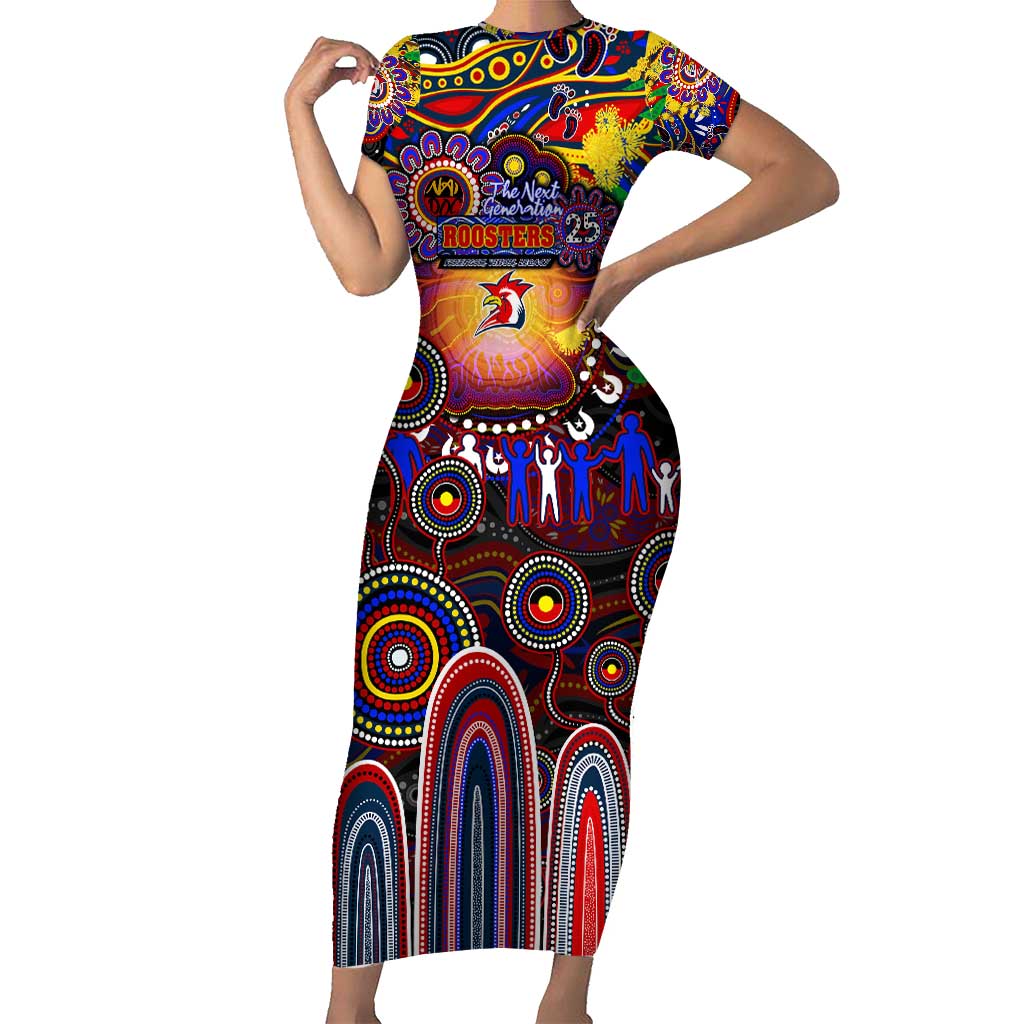 Personalised NAIDOC Week 2025 Roosters Football Short Sleeve Bodycon Dress Aboriginal Dot Painting
