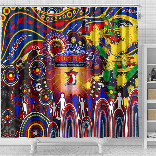 NAIDOC Week 2025 Roosters Football Shower Curtain Aboriginal Dot Painting