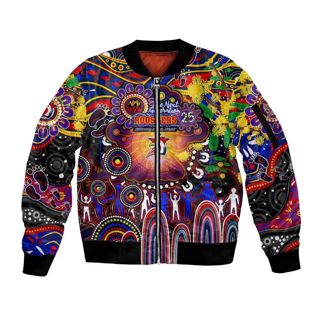 Personalised NAIDOC Week 2025 Roosters Football Sleeve Zip Bomber Jacket Aboriginal Dot Painting